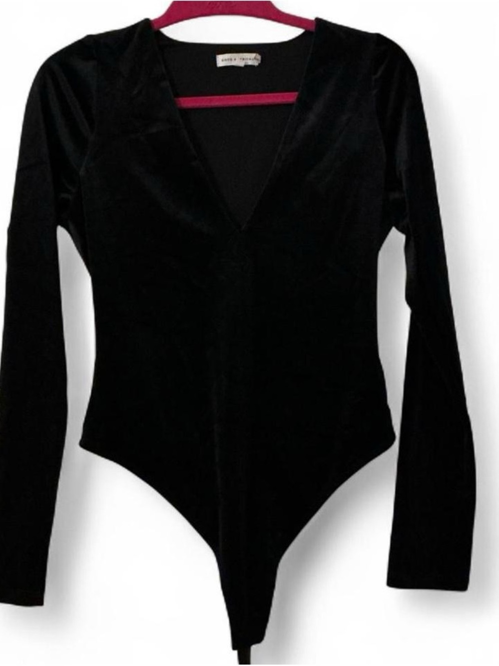 Good American Black Velvet V Neck Long Sleeve Bodysuit Medium